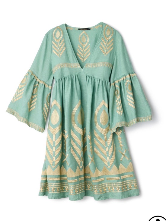 Greek Archaic Kori Dresses & Skirts - Greek Archaic Kori Light Teal Embroidered Midi Dress with Gold Motif